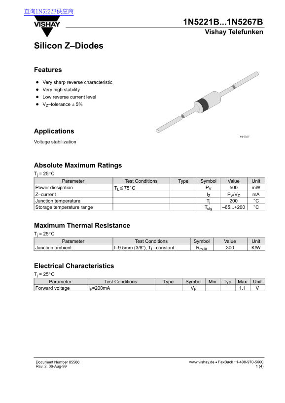 Vishay 1N5221B 1N5267B Data Sheet - Page 1