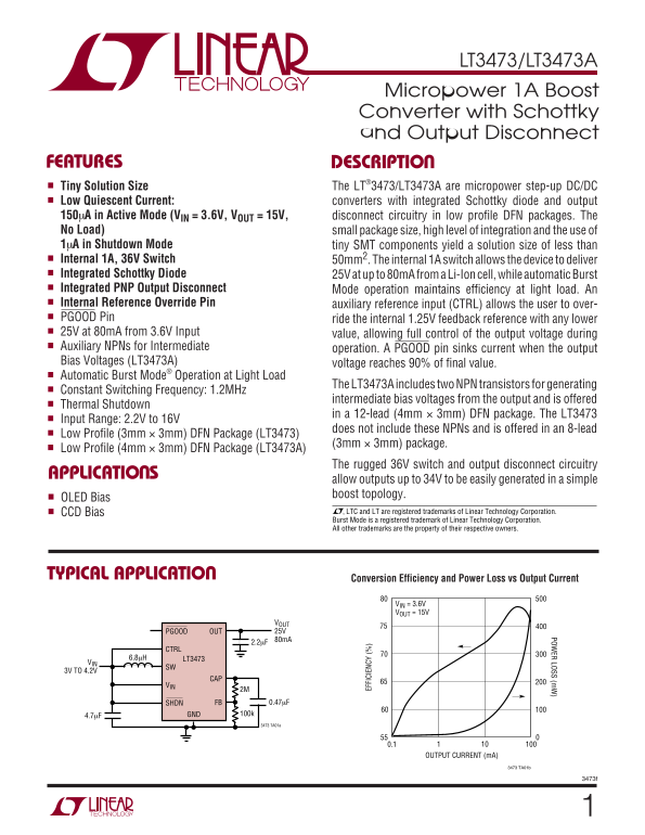 LINEAR TECHNOLOGY LT3473 Micropower 1A Boost Converter with Schottky LINEAR TECHNOLOGY LT3473A Micropower 1A Boost Converter with Schottky and Output Disconnect - Page 1