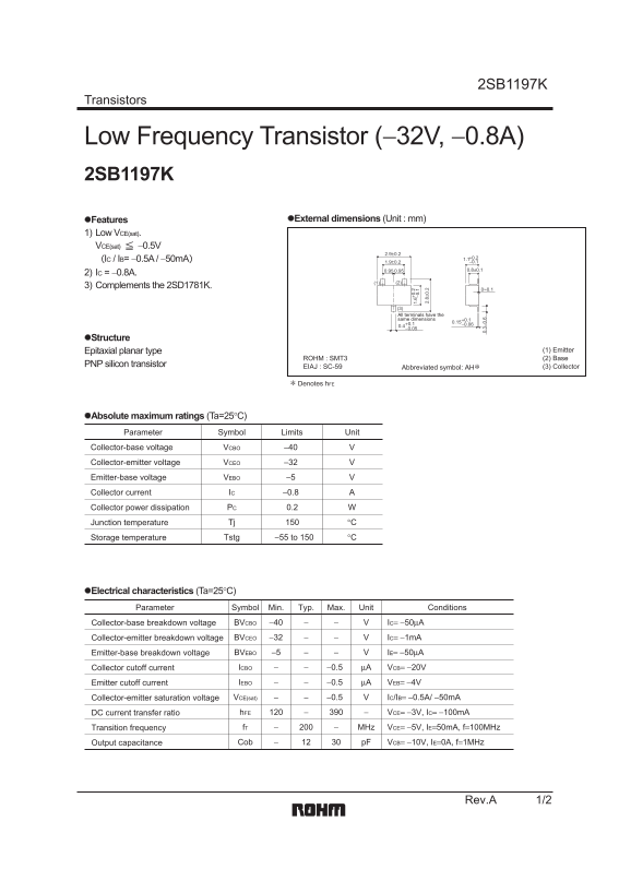 ROHM Transistor Datasheets 2SB1197K User Guide Manual - Page 1