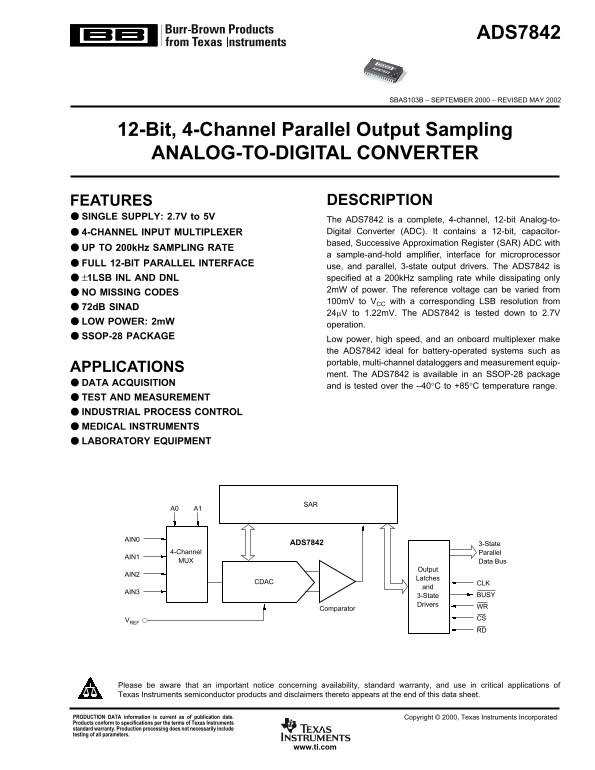 Texas Instruments ADS7842 Data Sheet Manual - Page 1