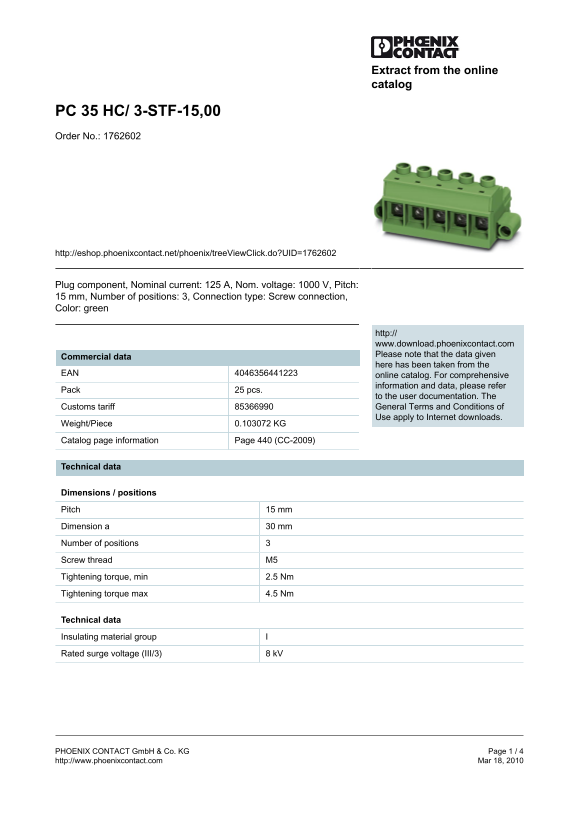 Phoenix Contact - PC 35 HC 3-STF-15,00 Data Sheet - Page 1