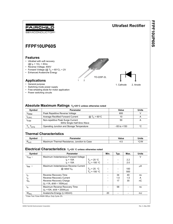 Fairchild FFPF10UP60S Ultrafast Rectifier Data Handbook - Page 1