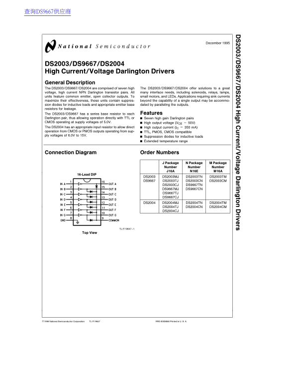 National Semiconductor DS2003 DS9667 DS2004 High Current Voltage Darlington Drivers Data Manual, Specifications, User Guide - Page 1