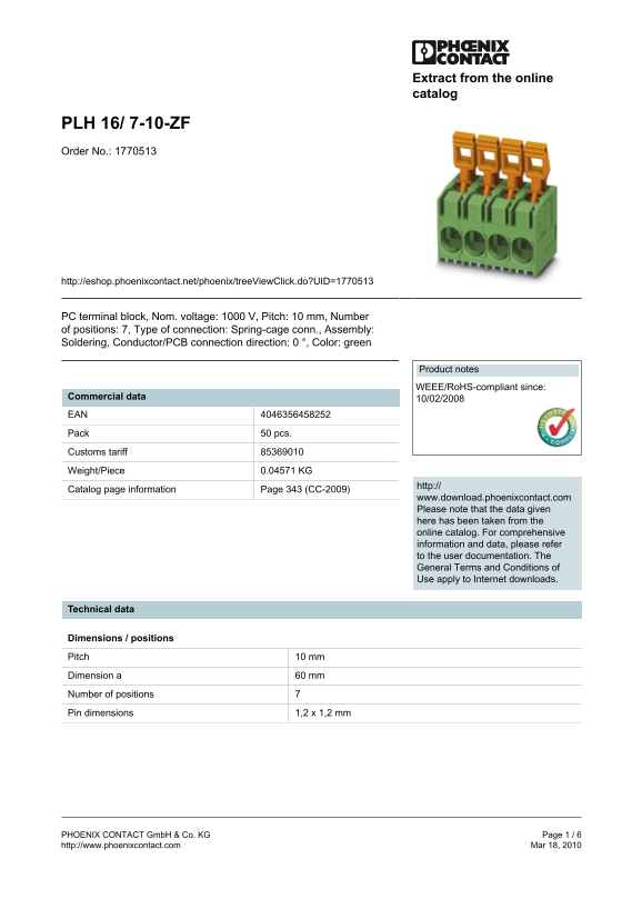 Phoenix Contact - PLH 16 7-10-ZF Data Sheet - Page 1