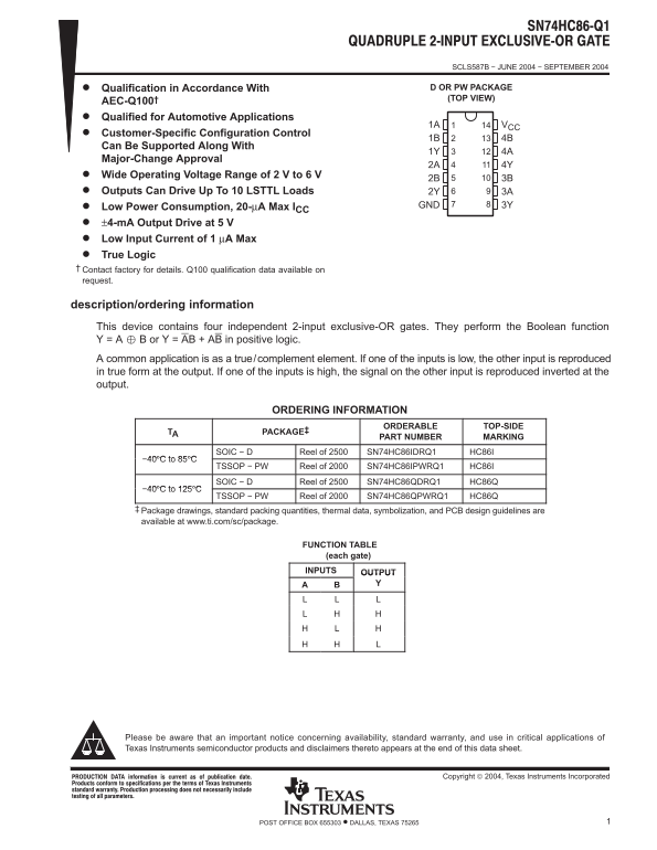 Texas Instruments SN74HC86-Q1 Data Handbook/Specifications manual - Page 1