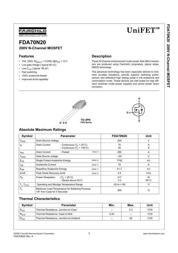 Fairchild FDA70N20 Product Specification Sheet - Page 1