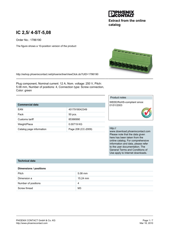 Phoenix Contact - IC 2.5, 4-ST, 5.08 Data Sheet Manual - Page 1