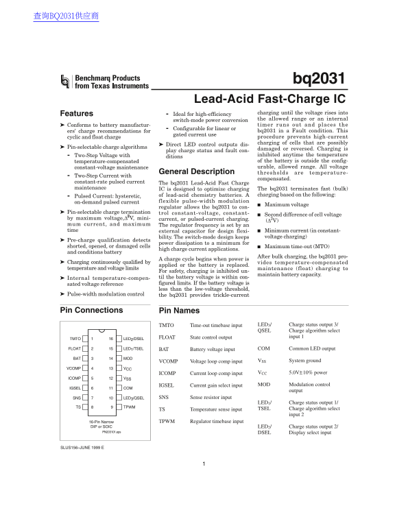 Texas Instruments bq2031 Data Sheet User Guide - Page 1
