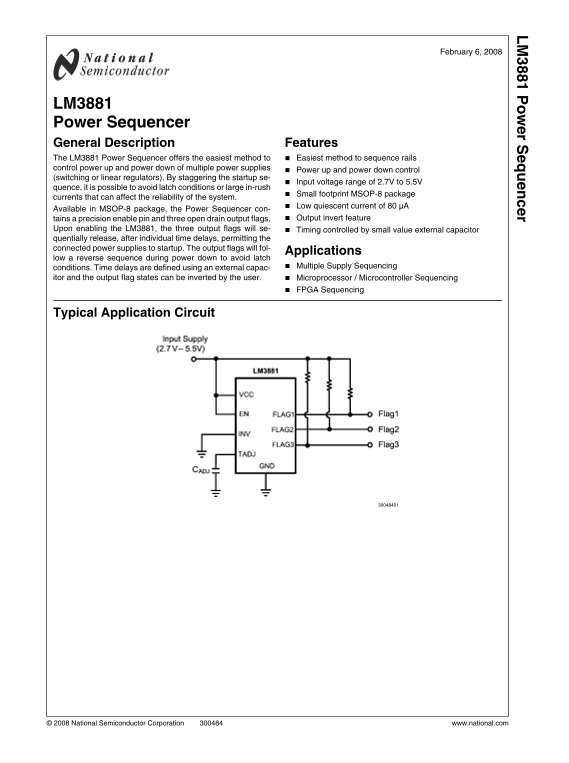 National Semiconductor LM3881 Power Sequencer Data Sheet - Page 1