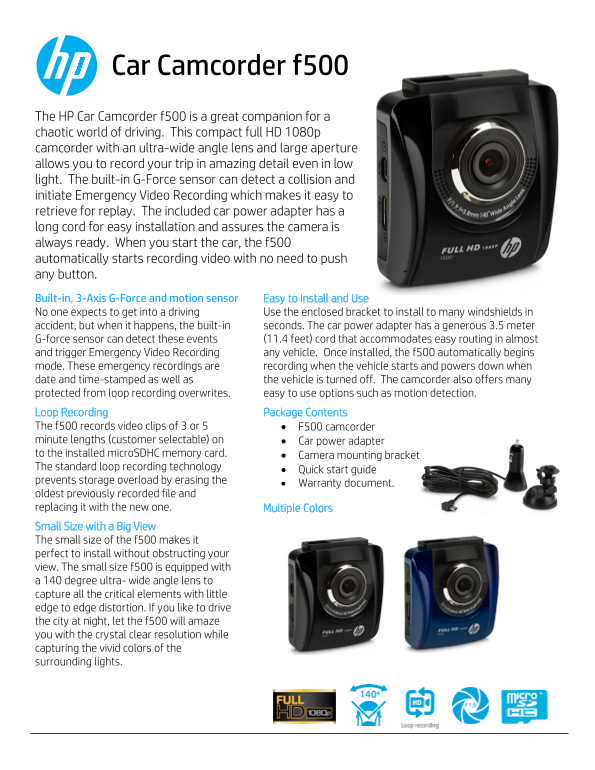 HP f500 Car dashcam Product Information - Page 1