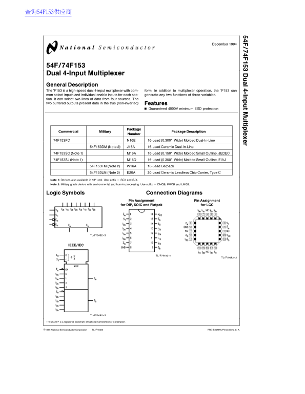 National Semiconductor 54F 74F153 Data Sheet - Page 1