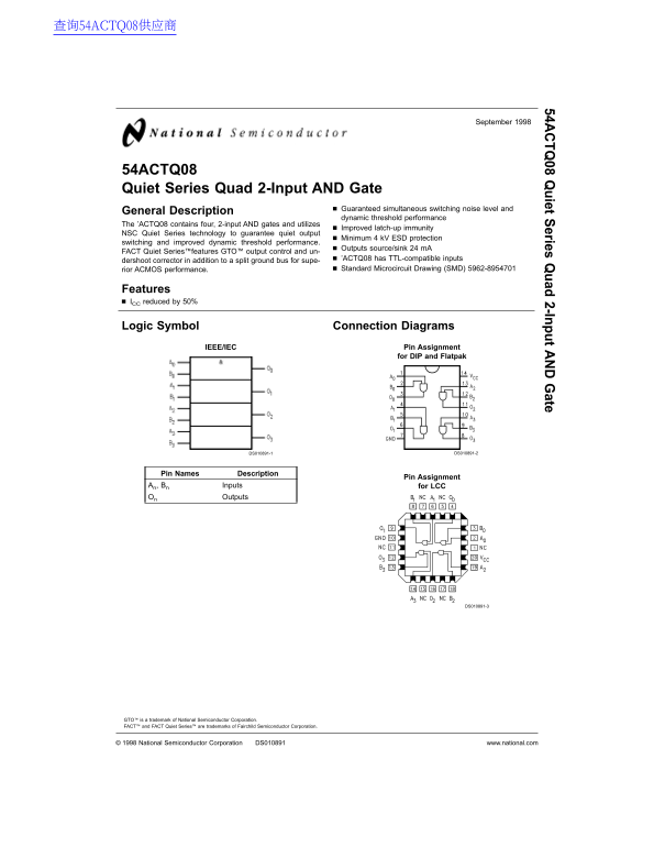 National Semiconductor 54ACTQ08 Quiet Series Quad 2-Input AND Gate Specifications User Guide - Page 1