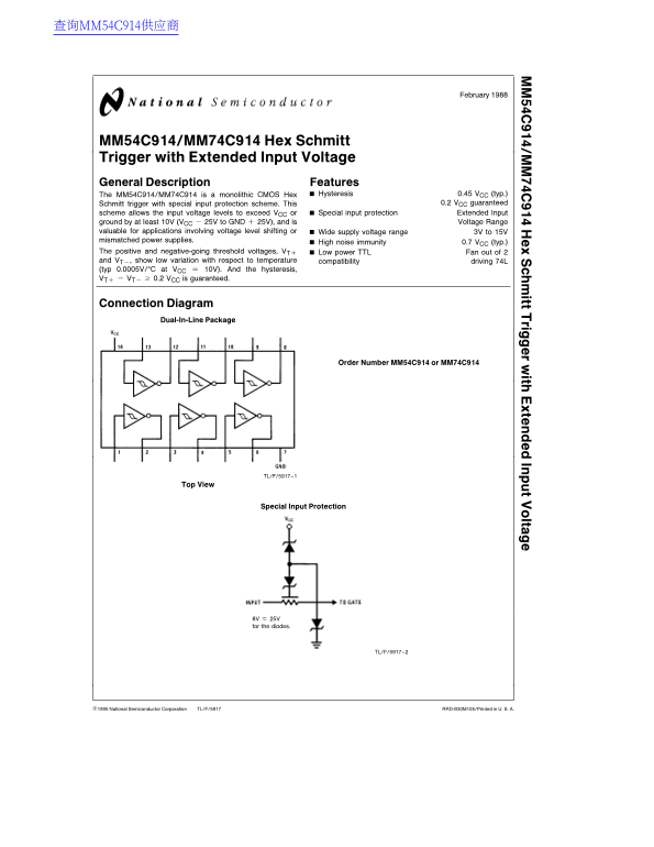 National Semiconductor MM54C914 MM74C914 Hex Schmitt Trigger with Extended Input Voltage - Page 1