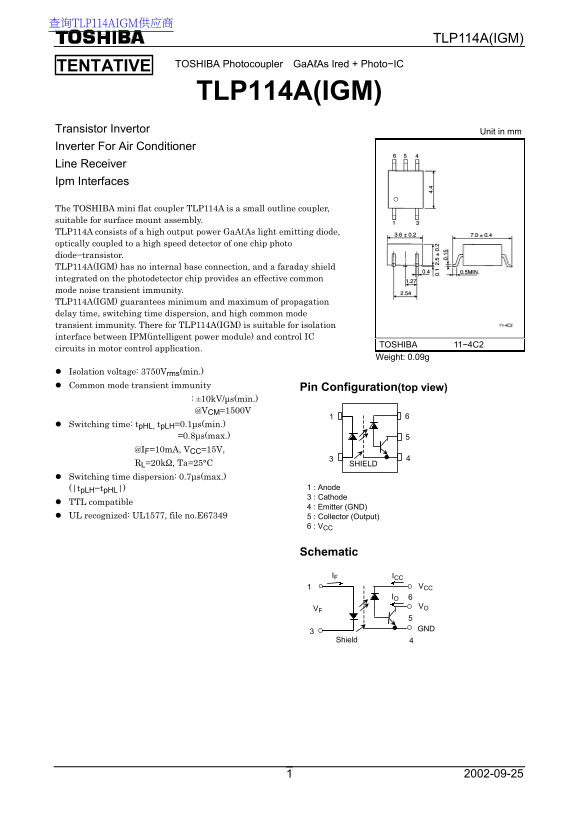 Toshiba TLP114A(IGM) Specifications - Page 1