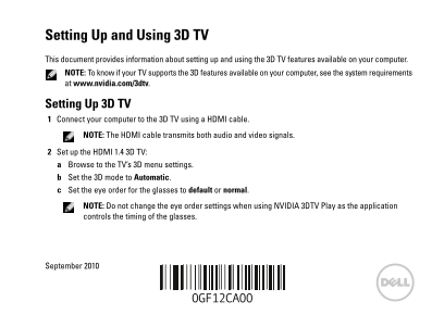 Dell XPS 15 (L501x) Setup and Usage for 3D TV - Page 1