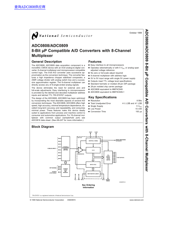 National Semiconductor ADC0808 ADC0809 8-Bit µP-Compatible AD Converters with 8-Channel Multiplexer - Page 1