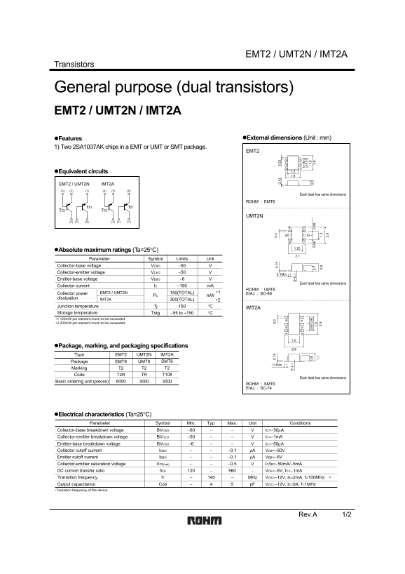 ROHM EMT2, UMT2N, IMT2A Data Sheet User Manual - Page 1