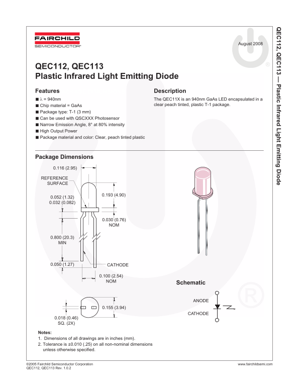 Fairchild QEC112, QEC113 Plastic IR LED Data Manual - Page 1