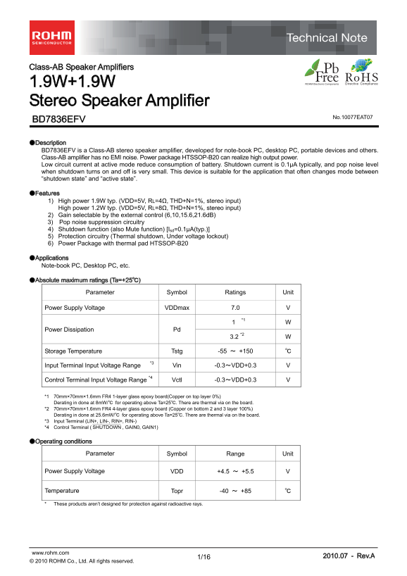 ROHM BD7836EFV Data Sheet - Page 1