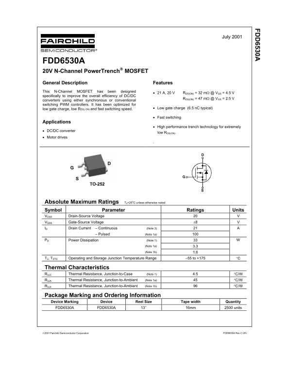 Fairchild FDD6530A 20V N-Channel PowerTrench MOSFET Data Handbook - Page 1