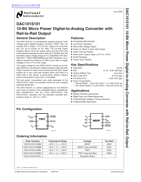 National Semiconductor DAC101S101 10-Bit Micro Power Digital-to-Analog Converter with Rail-to-Rail Output Specifications - Page 1