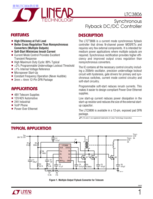 LINEAR LTC3806 Data Sheet Manual - Page 1