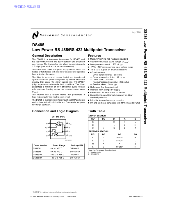 National Semiconductor DS485 Low Power RS-485/RS-422 Multipoint Transceiver Data Sheet - Page 1