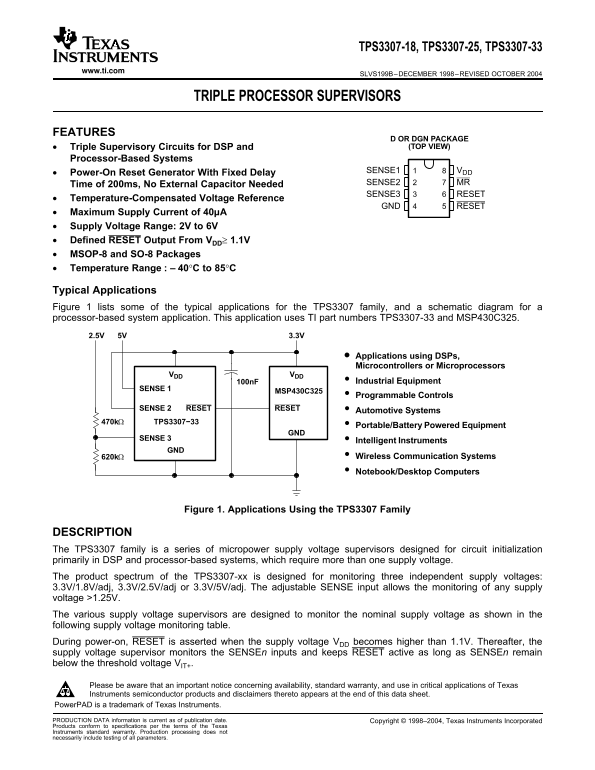 TEXAS INSTRUMENTS - TPS3307-18, TPS3307-25, TPS3307-33 Data Handbook - Page 1