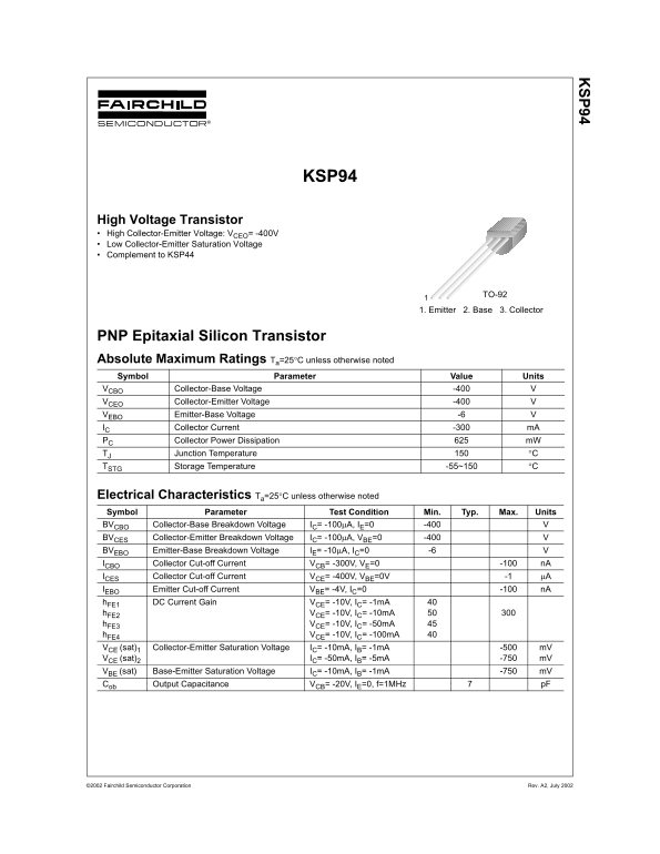 Fairchild KSP94 PNP Epitaxial Silicon Transistor User's Manual - Page 1