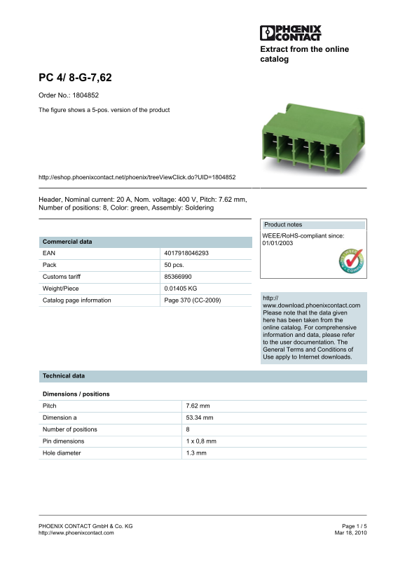 Phoenix Contact PC 4 8-G-7,62 Data Sheet - Page 1