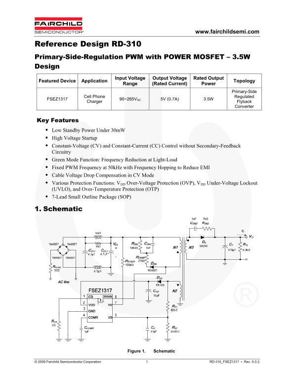 Fairchild RD-310 - Primary-Side-Regulation PWM with FSEZ1317 Data Manual - Page 1