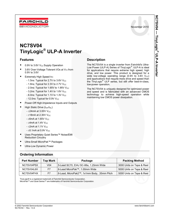 Fairchild NC7SV04 TinyLogic ULP- A Inverter Data Handbook - Page 1