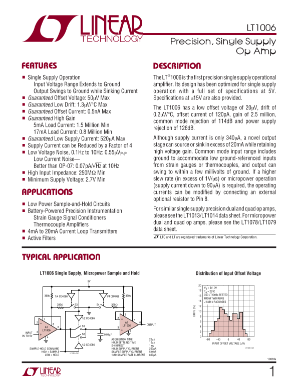 LINEAR TECHNOLOGY LT1006 Data Sheet Manual - Page 1