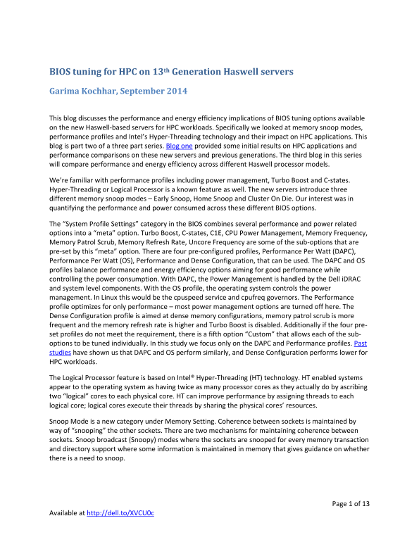 Dell BIOS Tuning for HPC on 13th Generation Haswell Servers - Owner's Manual & User Guide - Page 1