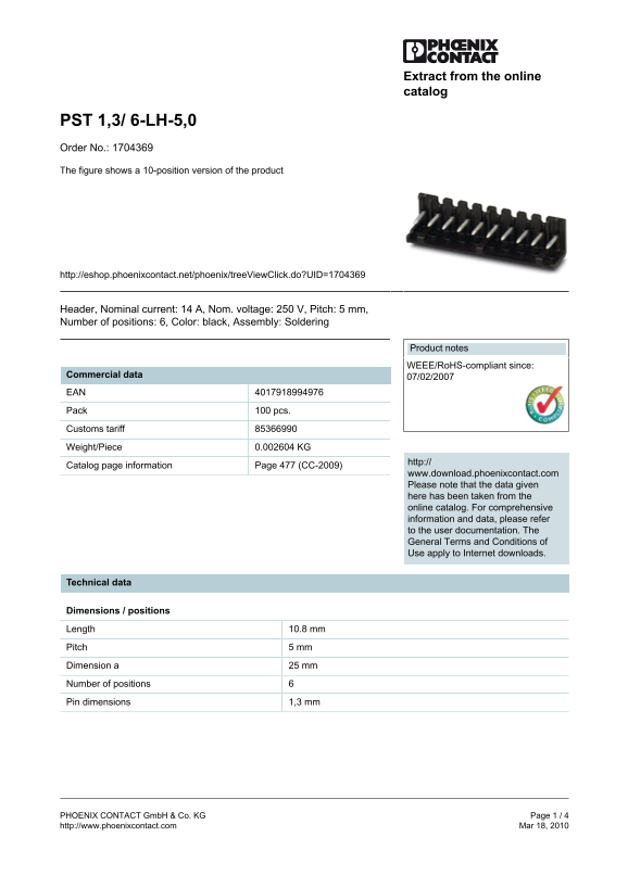 Phoenix Contact PST 1,3 6-LH-5,0 Order No. 1704369 Data Handbook and Manual - Page 1