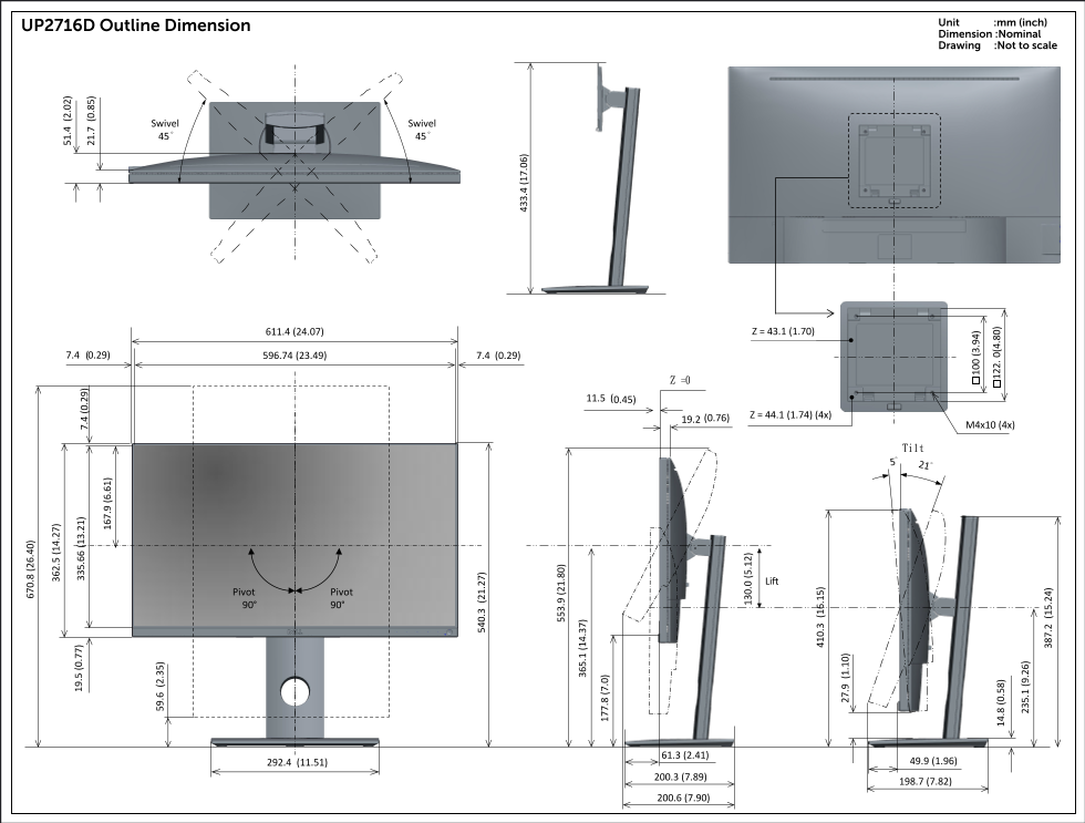 Dell UltraSharp UP2716D Outline Dimensions User's Guide - Page 1