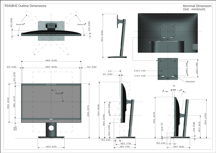 Dell P2418Hz Outline Dimension - Page 1