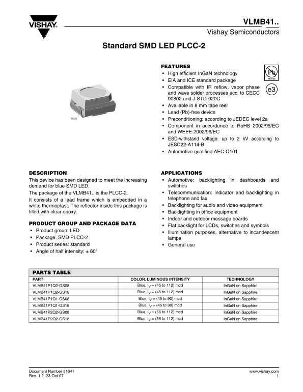 VISHAY - VLMB41 Data Handbook/Specifications - Page 1