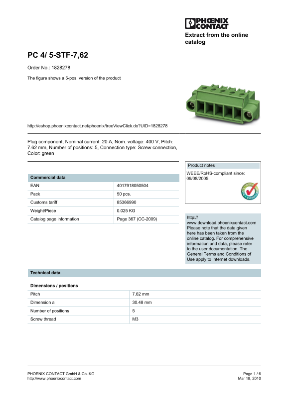Phoenix Contact - PC 4 5-STF-7,62 Data Sheet / Manual - Page 1