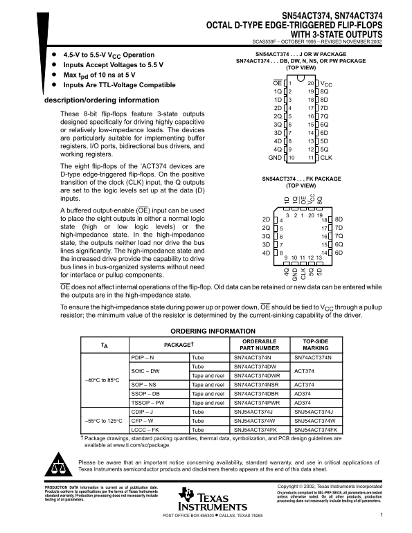 TEXAS INSTRUMENTS SN54ACT374, SN74ACT374 OCTAL D-TYPE EDGE-TRIGGERED FLIP-FLOPS WITH 3-STATE OUTPUTS - Page 1