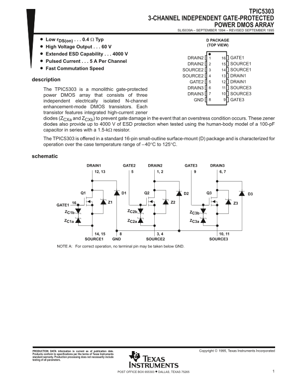 Texas Instruments TPIC5303 3-Channel Independent Gate-Protected Power DMOS Array Owner's Manual - Page 1