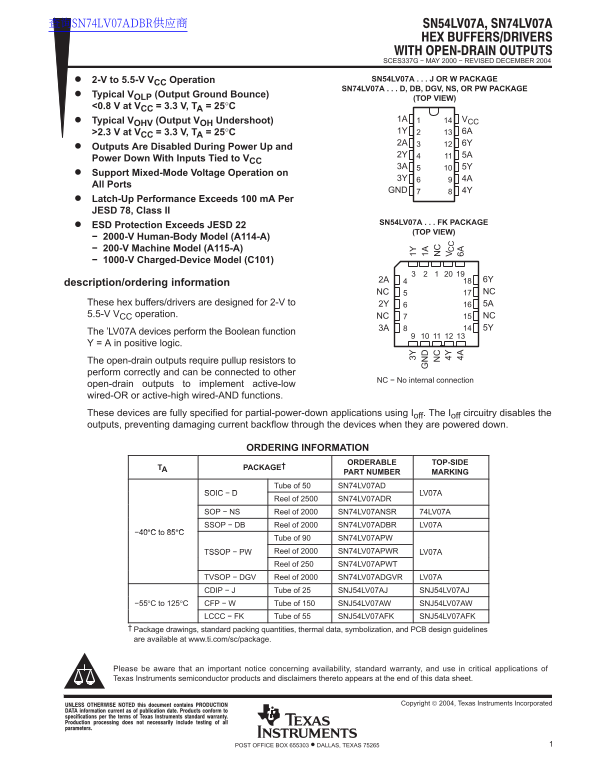 Texas Instruments SN54LV07A SN74LV07A Data Sheet - Page 1