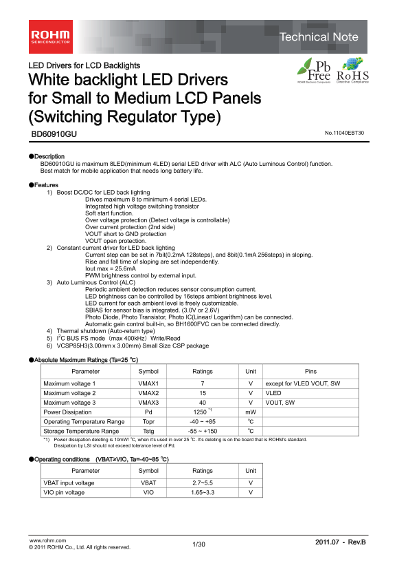 ROHM BD60910GU Data Sheet - Page 1