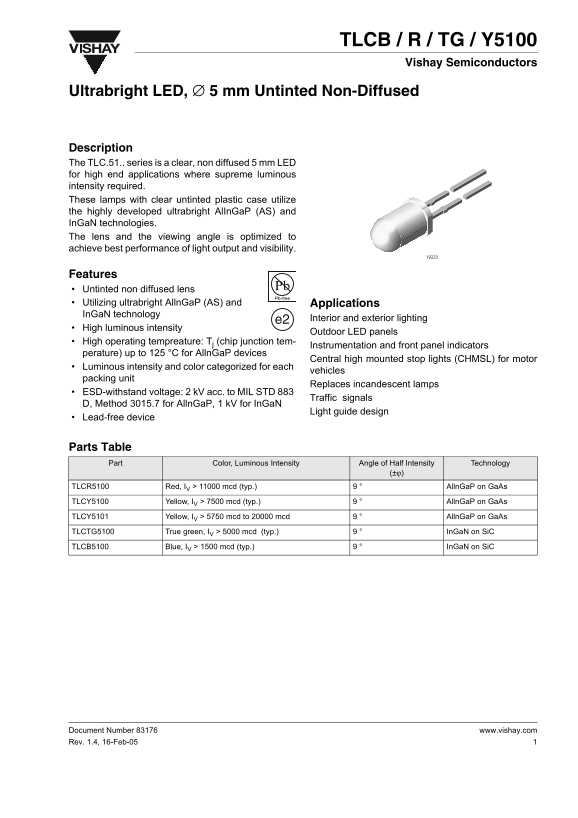 Vishay Semiconductor TLCB R TG Y5100 Data Sheet / Manual - Page 1