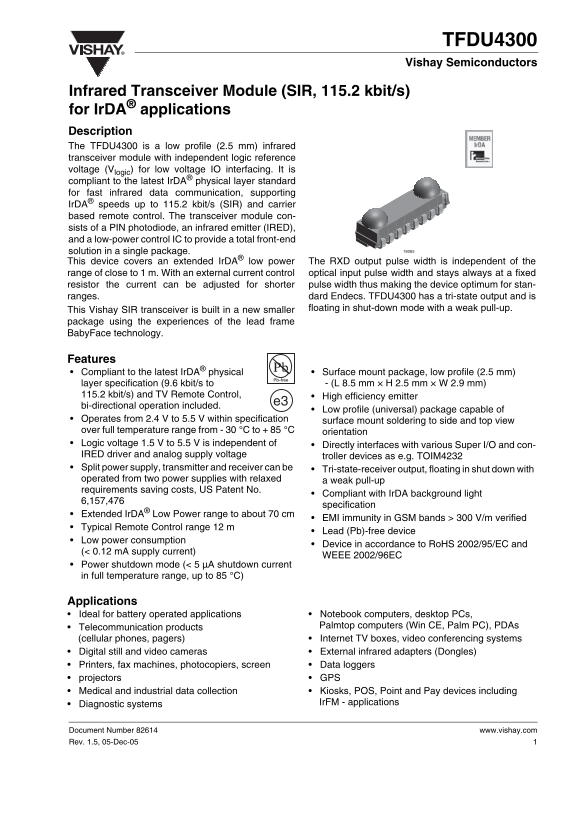 Vishay TFDU4300 Specifications and User Guide - Page 1