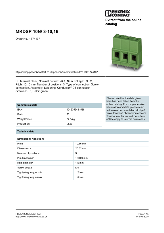 Phoenix Contact - MKDSP 10N 3-10,16 Data Sheet - Page 1