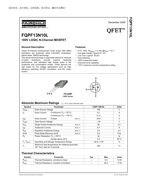 Fairchild FQPF13N10L Specifications (1)(1) - Page 1