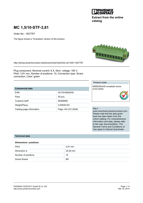 Phoenix Contact - MC 1,5 10-STF-3,81 Data Sheet - Page 1
