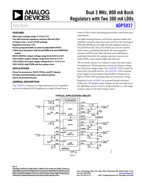 ADP5037 Analog Devices Technical Data Sheet / Manual - Page 1