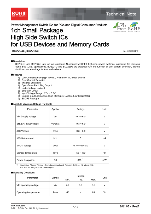 ROHM Power Management Switch ICS for PCs and Digital Consumer Products BD2225G User Guide - Page 1
